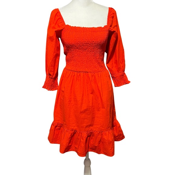 Sim & Sam Dresses & Skirts - Sim & Sam Anthropologie Orange Dress Smocked Bodice Ruffle Hem 3/4 Sleeve Small